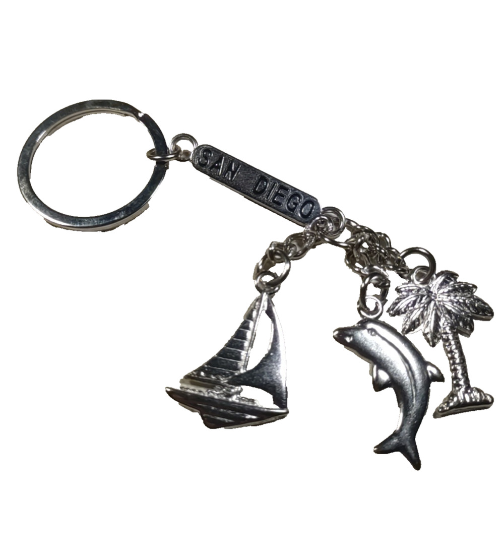 San Diego California Silver Tone Keychain Charms Boat Dolphin Palm Tree
